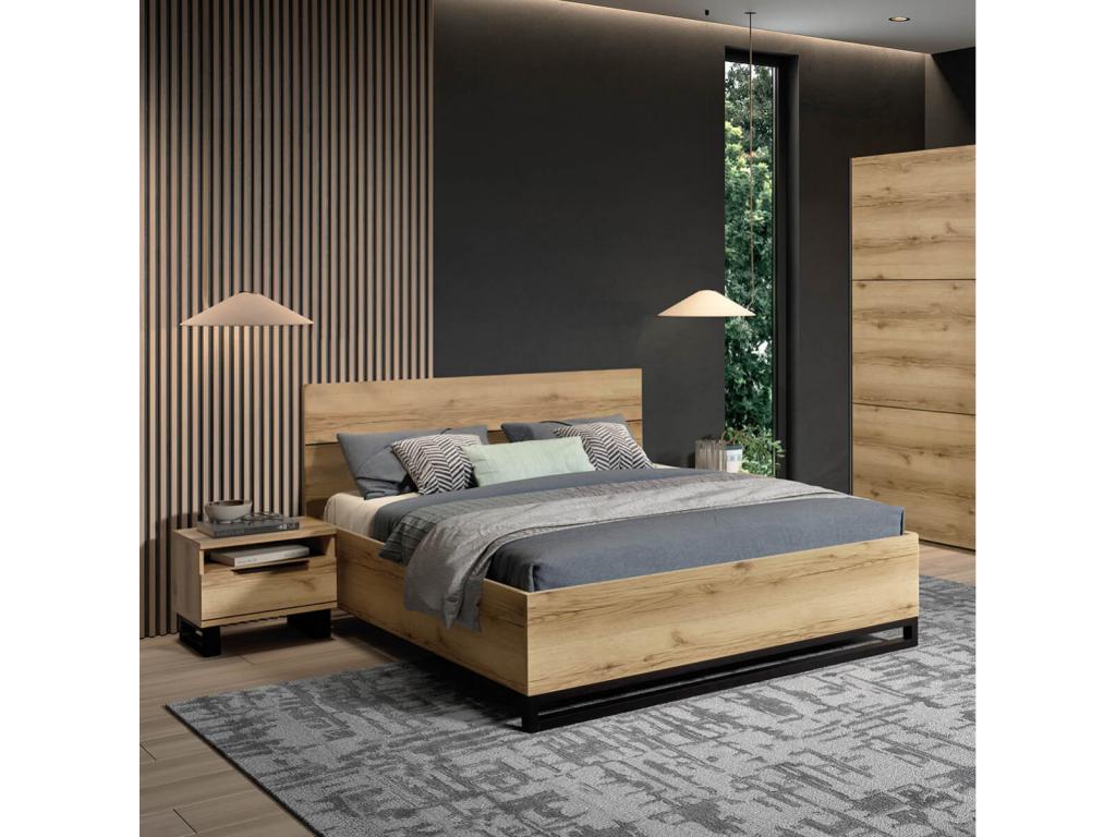 Nidchicshop - Chambre Lit 160x200 et 2 Chevets Aspect Bois et Pied Avant Métal Noir 24739VVNP