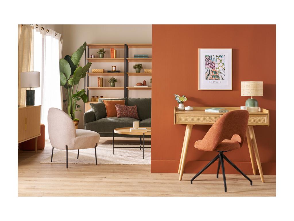 Fauteuil en tissu effet velours texturé beige et métal noir Calmetop 08898CYNP