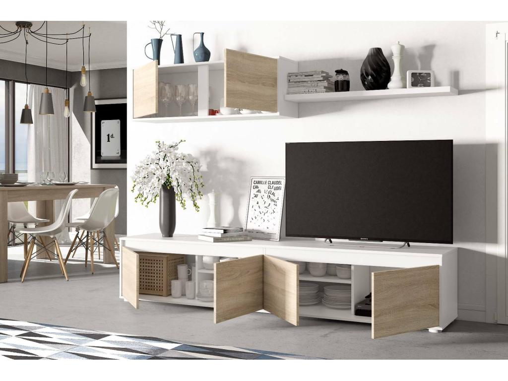 Système mural Nidchicshop meuble TV meuble de salon composition d'ensemble de salon ensemble de salon avec élément mural 200x41h43 cm blanc et chêne 25970KLUX