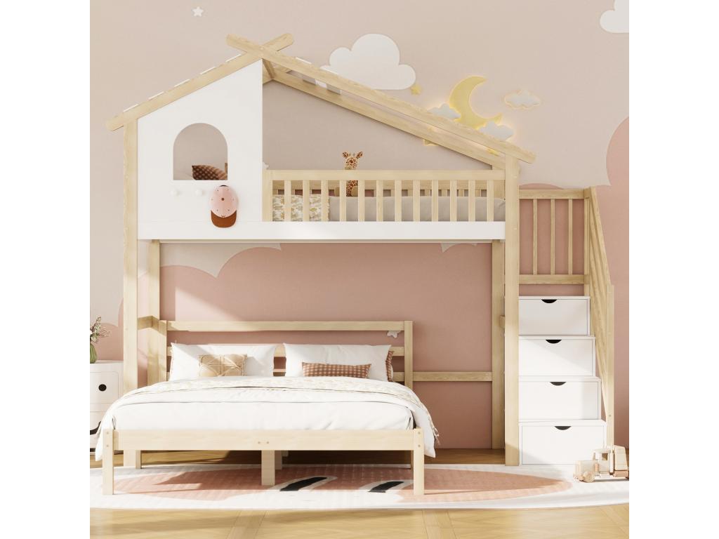 Lit surélevé 90x200 cm barrière de lit échelle de rangement fenêtre barre de maison sommier 140x200 cm blanc naturel 61023IKNQ