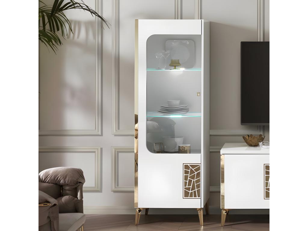 Vitrine gauche 1 porte battante à Led Blanc brillant/Or - Calmetop - Vitrine L 60 xl 45 x H 181 cm 65042VPMB