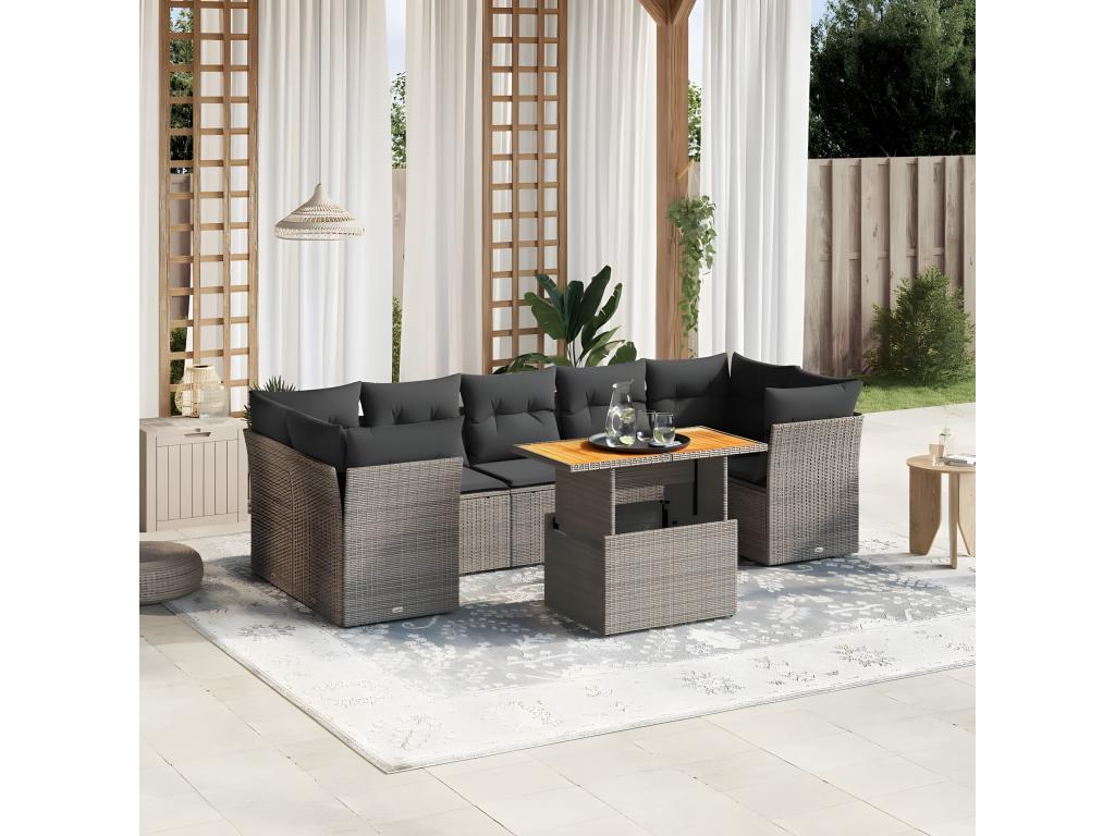 Salon de jardin 8 pièces avec coussins gris résine tressée 49782FEUN