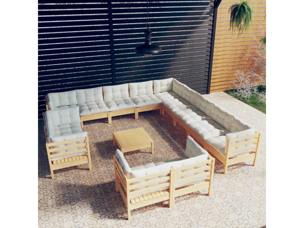 Salon de jardin 14 pièces avec coussins crème Bois de pin solide 78784EYFC