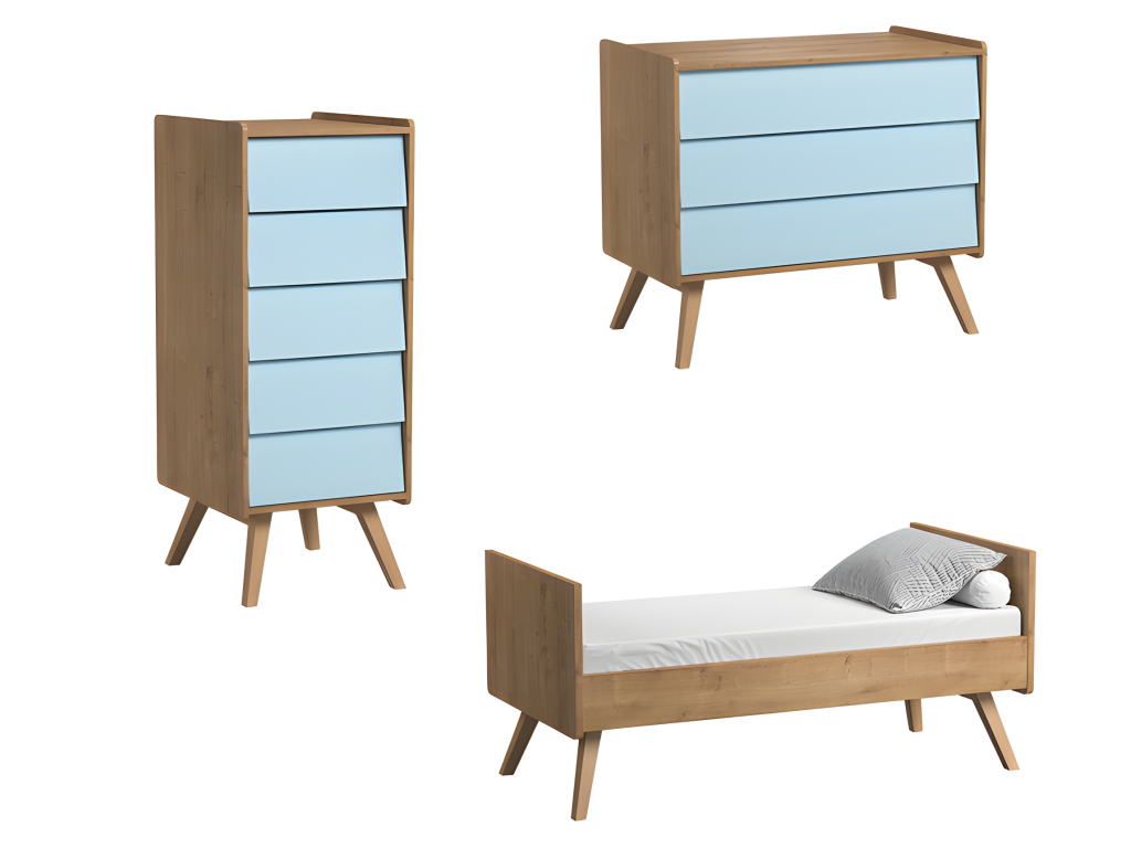 Chambre complète lit bébé évolutif - commode à langer - chiffonnier Vintage Bois Bleu 05358TYBH