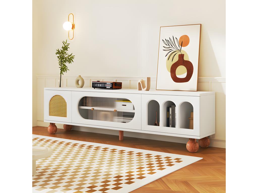 Meuble TV 170cm - 2 portes - 3 zones arquées ouvertes - Blanc 27836PMQN