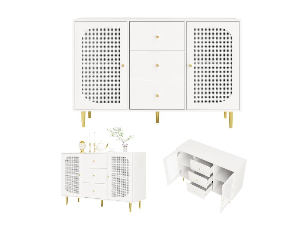 Buffet bas avec 2 portes et 3 tiroirs - 120x40x90 cm - Bois Calmetop et PE rotin - Pieds en métal doré - Blanc 42801EEZR