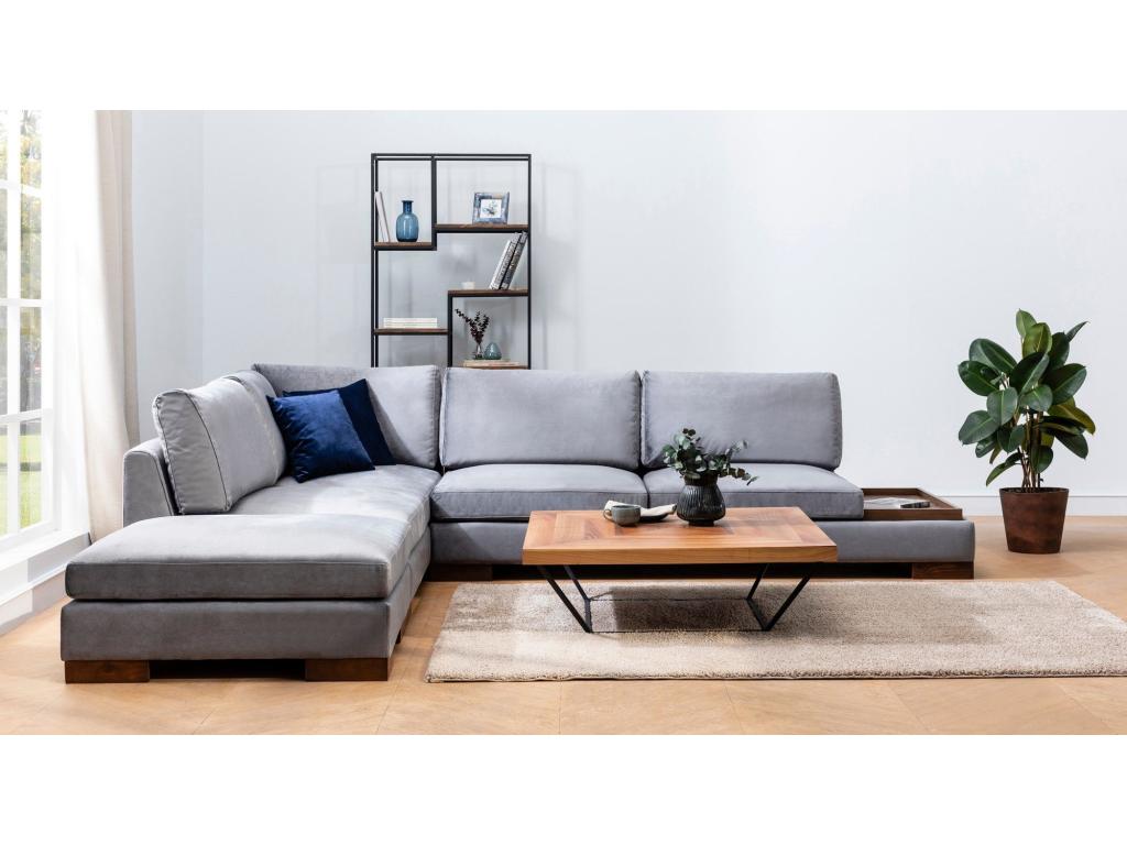 Canapé d'angle gauche avec pouf Calmetop Velours Gris foncé 83061NQVL