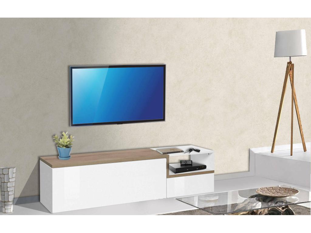 Meuble TV Calmetop Buffet bas de salon avec 2 portes Base pour meuble TV Made in Italy 160x40h46 cm Blanc brillant et érable 37770OYPL
