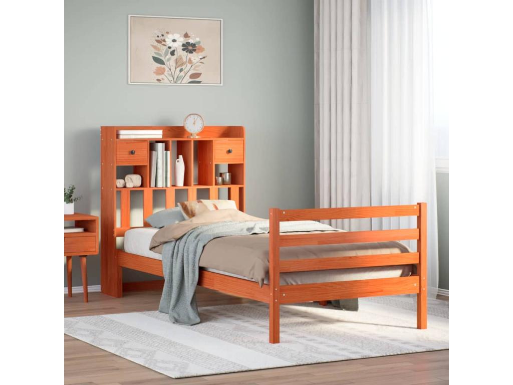 Lit bibliothèque sans matelas cire marron 90x200 cm pin massif 29620BAVB