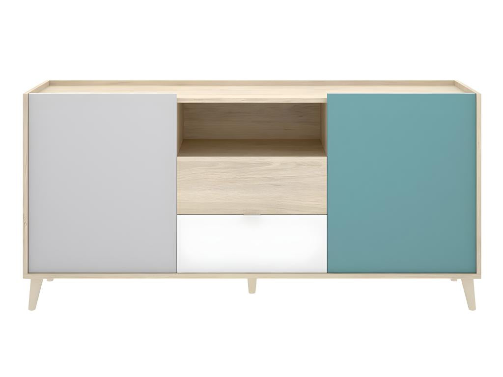 Buffet meuble de rangement coloris naturel et émeraude - Longueur 155 x Hauteur 75 x Profondeur 43 cm 99886NOKZ