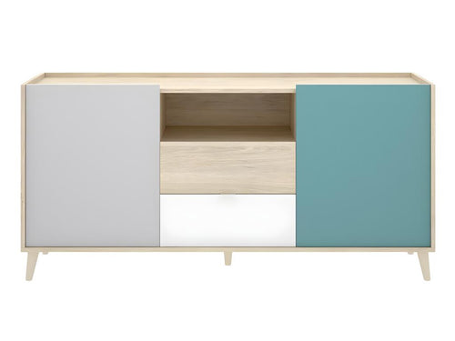 Buffet meuble de rangement coloris naturel et émeraude - Longueur 155 x Hauteur 75 x Profondeur 43 cm 99886NOKZ