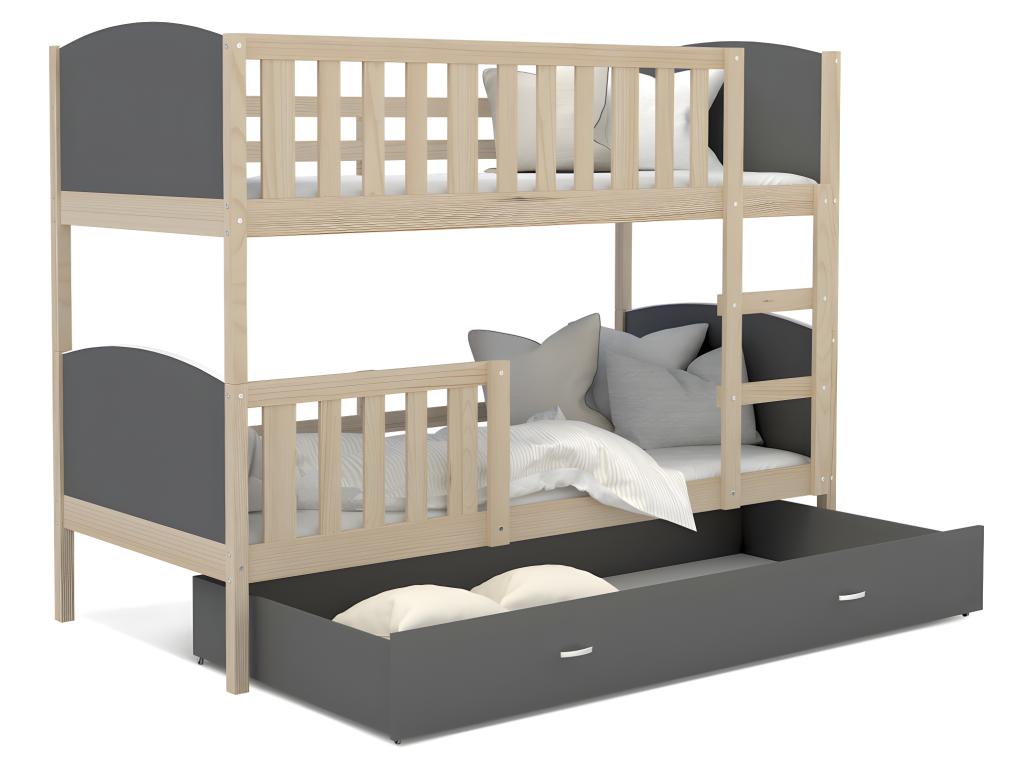 Lit Superposé Calmetop 90x190 Pin - gris Livré avec sommiers tiroir et matelas en mousse de 7cm 75401BZSM