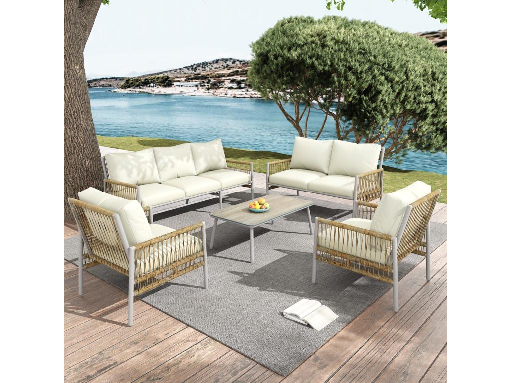 Salon de jardin 7 places avec Matelas 8cm et oreiller table basse avec verre durci grain de bois Beige 08209VCXF