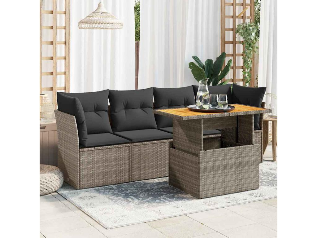 Salon de jardin 5 pièces avec coussins gris résine tressée 63531BRYO