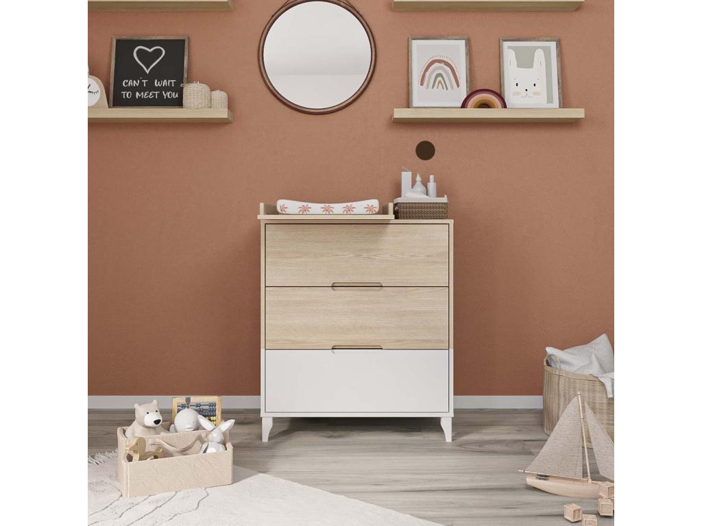 Commode à langer 3 tiroirs panneaux de fibres blanc et bois Calmetop 96420ZHFF