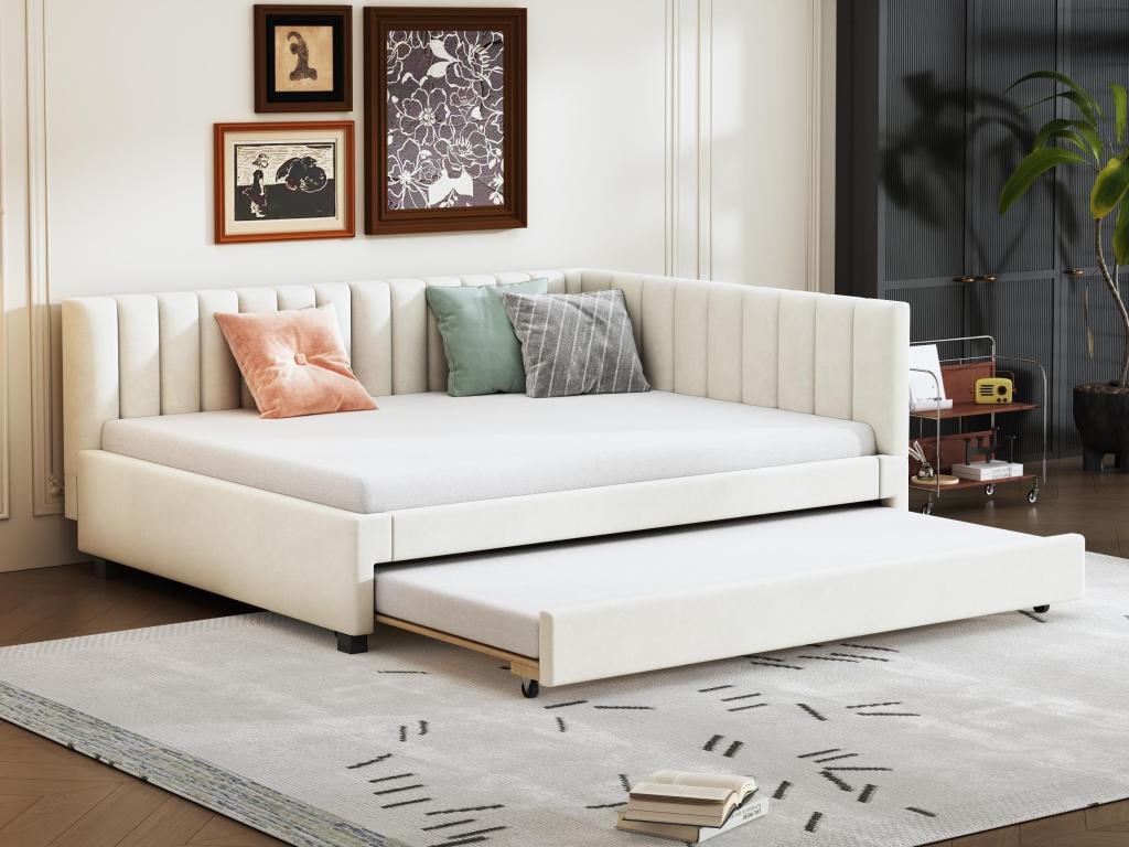 Lit banquette capitonné 140x200 cm - avec lit gigogne 90x190cm - tissu en velours - Beige 02639SGYS