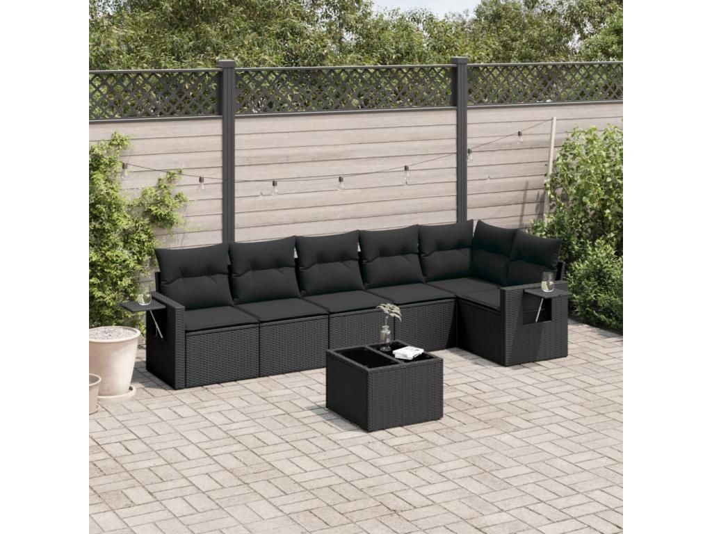 Salon de jardin 7 pcs avec coussins noir résine tressée 16205AOEW