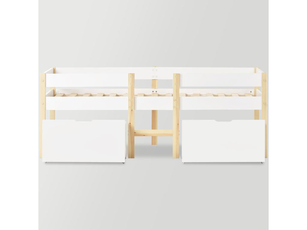 Lit mi-hauteur avec 2 grands tiroirs - 90x200 cm - bois de pin - sommier à Nidchicshop - coloris blanc et chêne 67399XQRV