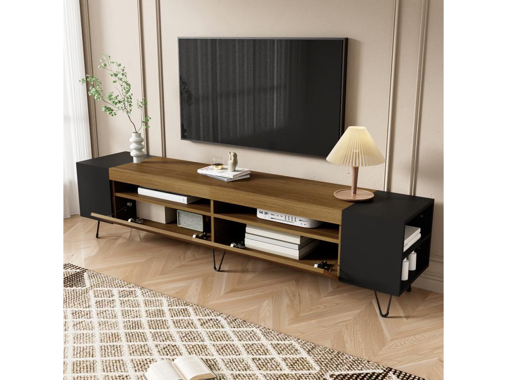 Meuble TV 180 cm - une porte abattante et 4 compartiments ouverts des deux côtés - Noir / Naturel 84169YVDM