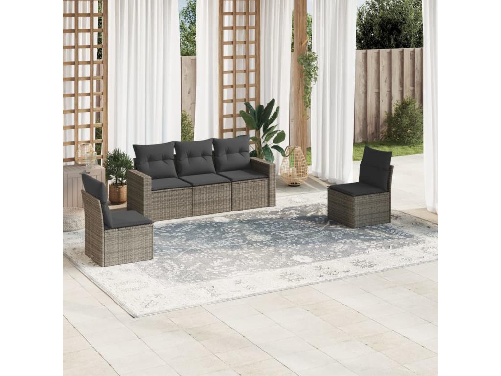 Salon de jardin 5 pièces avec coussins gris résine tressée 60394KDXZ