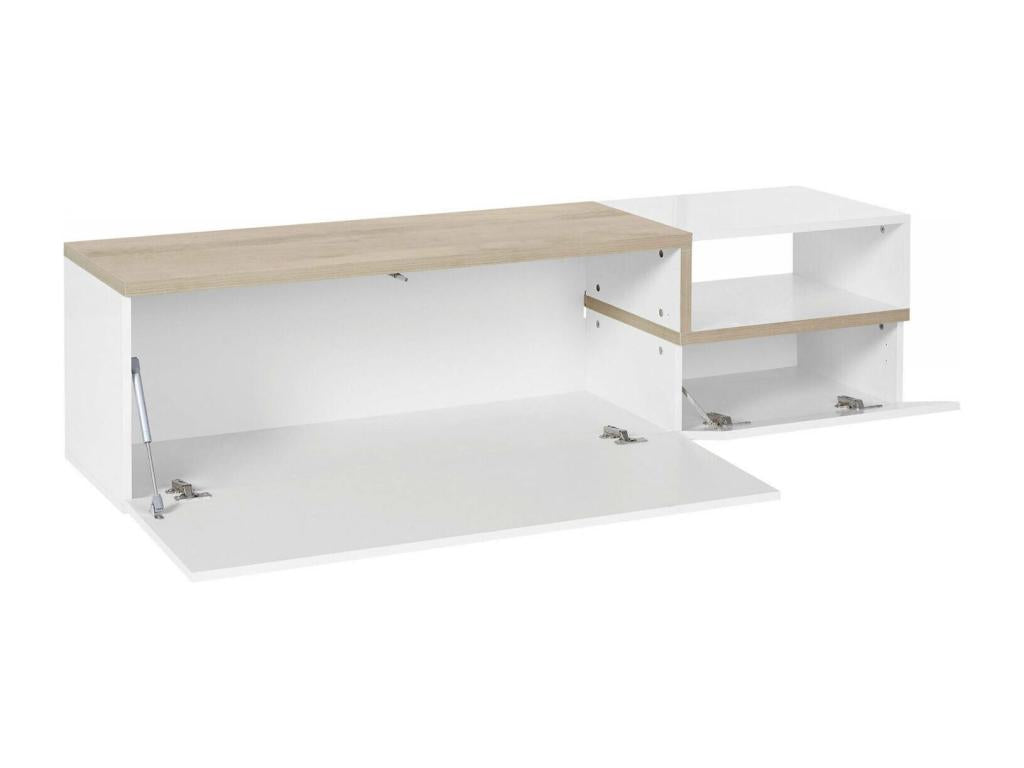 Meuble TV Calmetop Buffet bas de salon avec 2 portes Base pour meuble TV Made in Italy 160x40h46 cm Blanc brillant et érable 37770OYPL