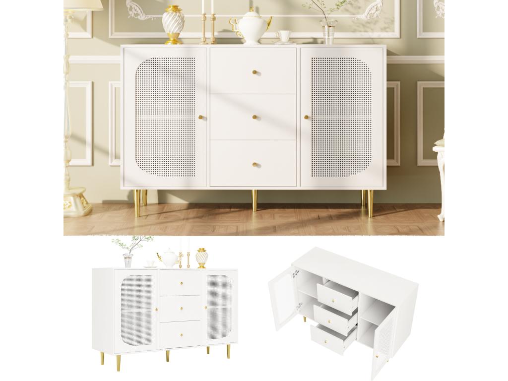 Buffet bas avec 2 portes et 3 tiroirs - 120x40x90 cm - Bois Calmetop et PE rotin - Pieds en métal doré - Blanc 42801EEZR