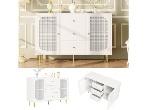 Buffet bas avec 2 portes et 3 tiroirs - 120x40x90 cm - Bois Calmetop et PE rotin - Pieds en métal doré - Blanc 42801EEZR