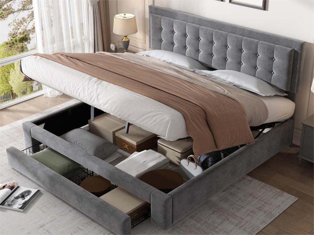 Lit coffre capitonné 180x200cm en velours - avec tiroir et sommier à Calmetop - Gris sans matelas 95933LUPB