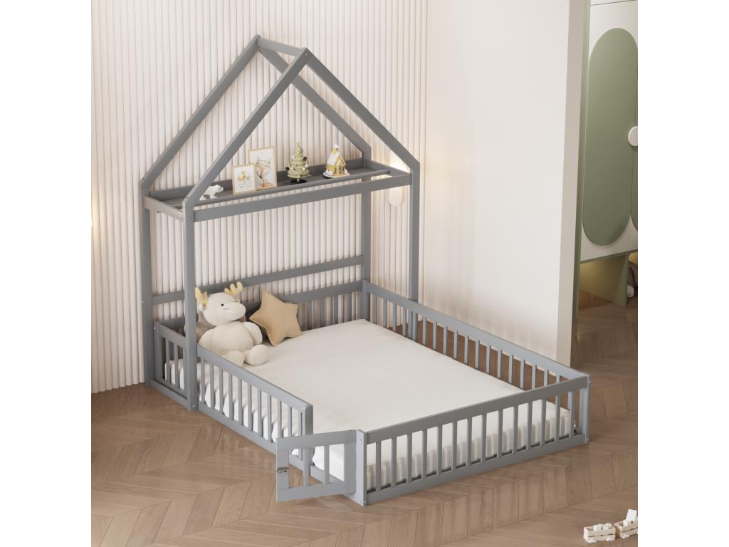 Lit cabane 140x200cm cadre en bois massif avec espace de rangement barrière de protection totale et portes et sommier inclus gris 54069SASN