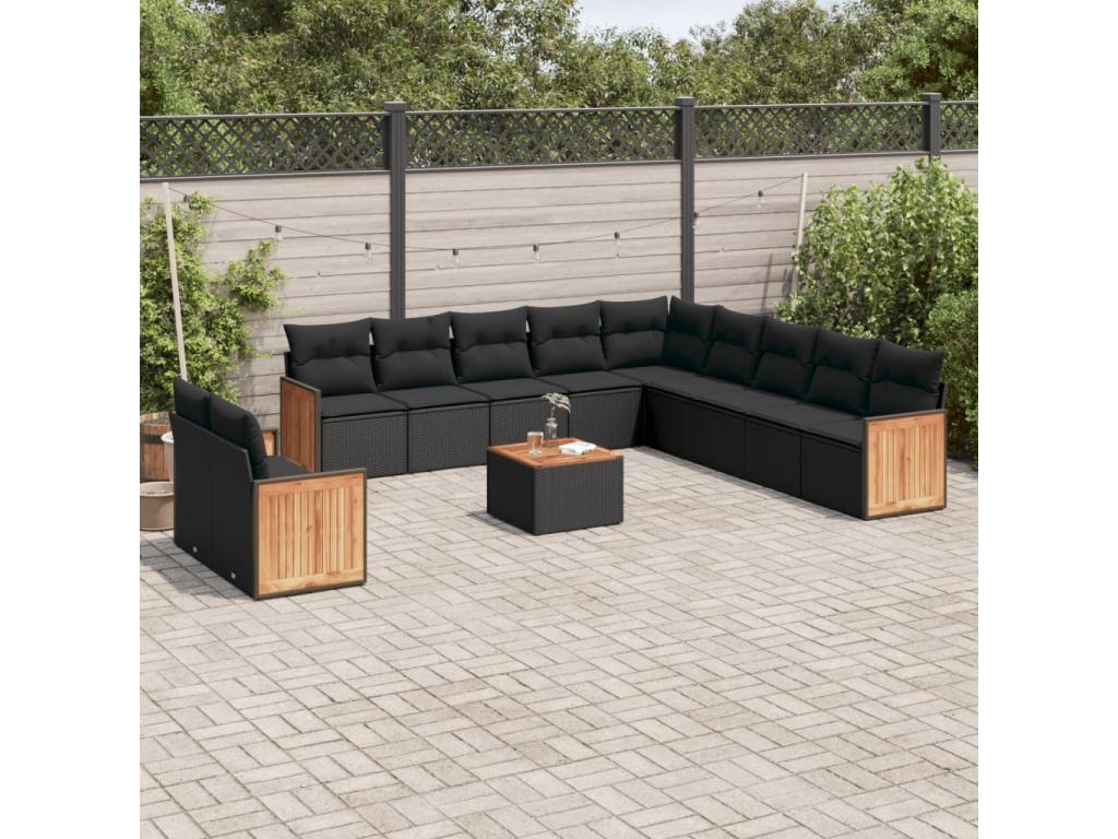 Salon de jardin 12 pcs avec coussins noir résine tressée 73699FPRU
