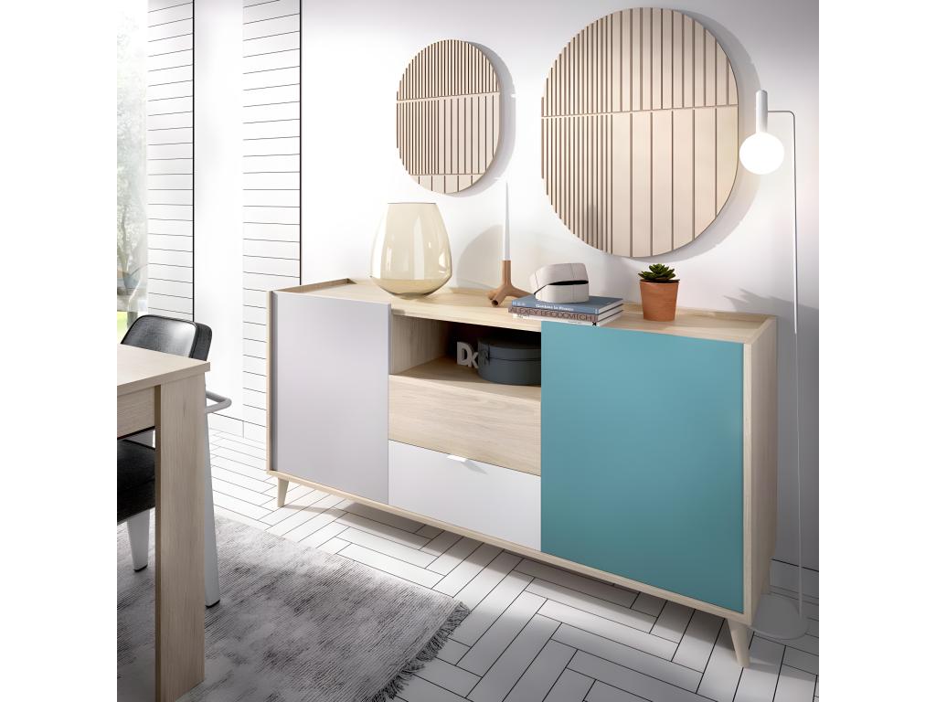 Buffet meuble de rangement coloris naturel et émeraude - Longueur 155 x Hauteur 75 x Profondeur 43 cm 99886NOKZ
