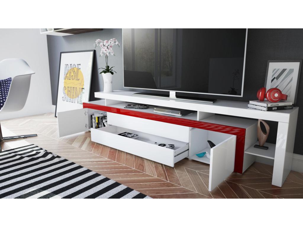 Meuble TV Blanc Et Gris Laqué LED lxhxp 227x52x40 91177NBRU