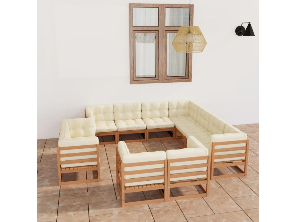 Salon de jardin 11 pcs avec coussins Marron miel Bois de pin 48454WUZL