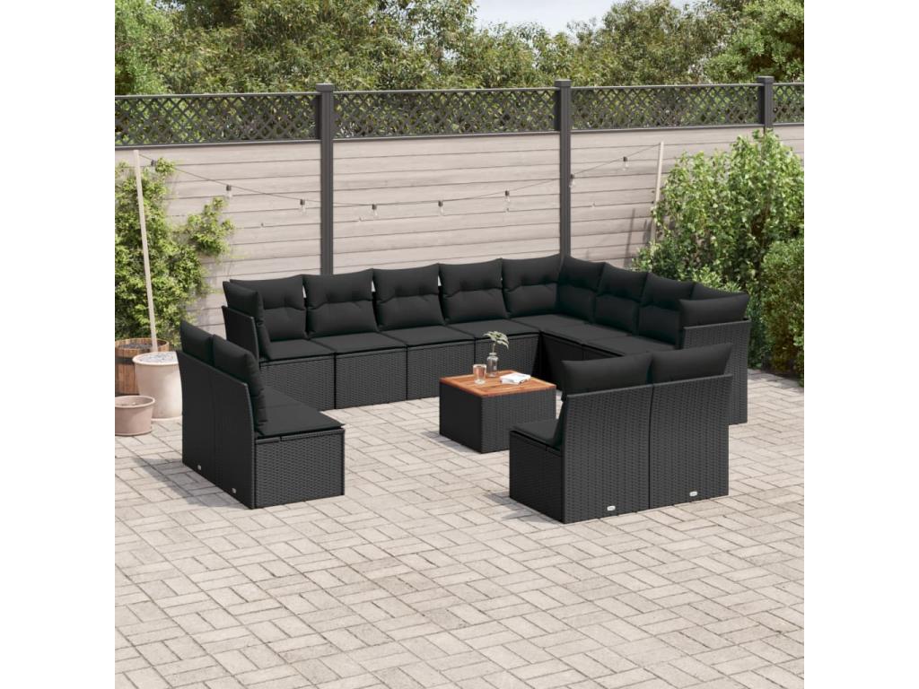 Salon de jardin avec coussins 13 pcs noir résine tressée 41004FLAW