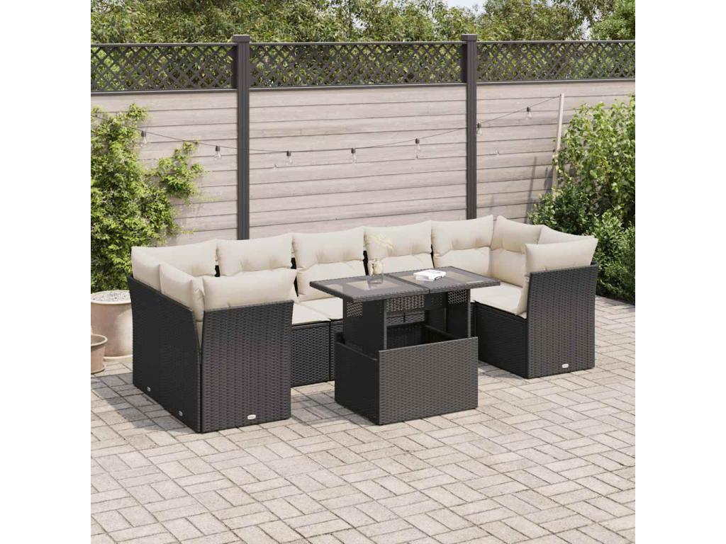 Salon de jardin 8 pcs avec coussins noir résine tressée 81104PQQI