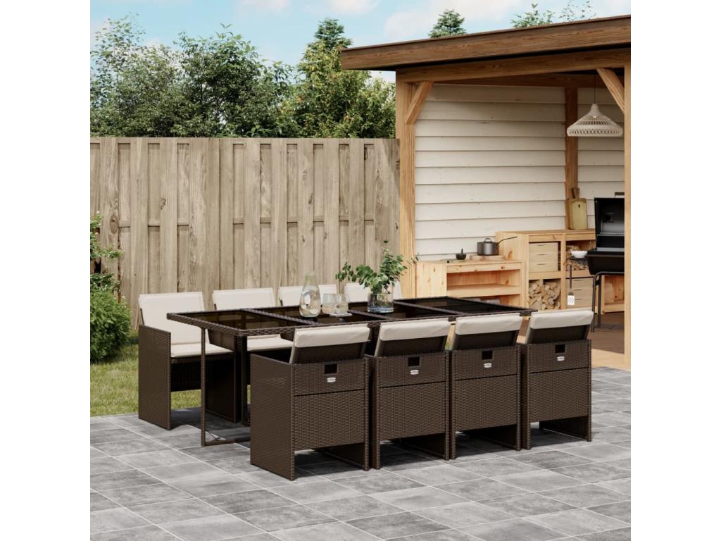 Ensemble à manger de jardin et coussins 9 pièces marron poly rotin 51428JPCU