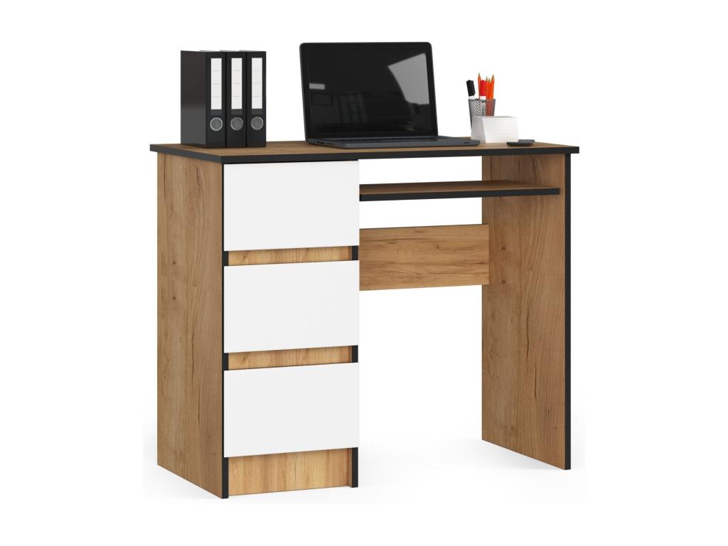 bureau Calmetop gauche marron bois mdf 3 tiroirs façade blanche 1 étagère 90x50x77 cm 57978YKCU