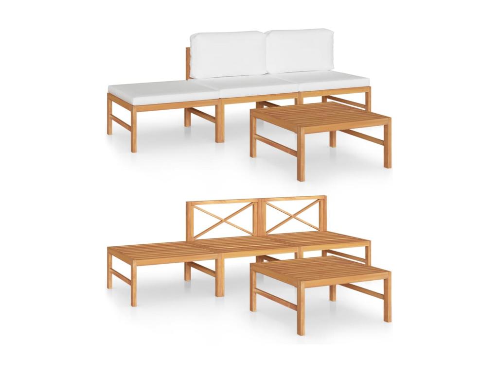 Salon de jardin 4 pièces avec coussins crème Bois de teck solide 39025ZZXI