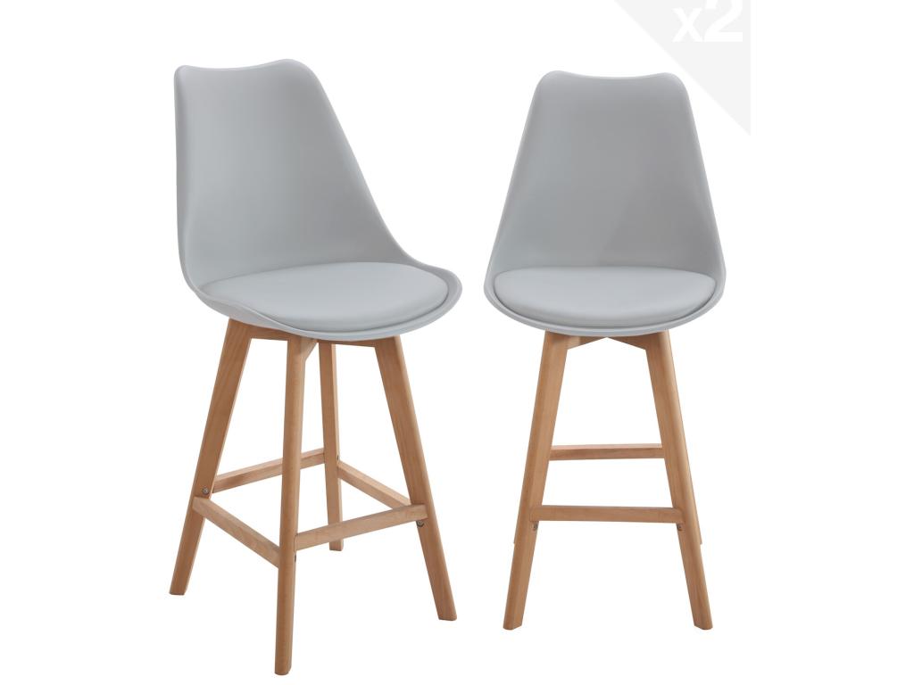 Lot 2 chaises de bar scandinaves 70cm grand siège coussin simili cuir pieds bois Artvivrestore gris 16702RMVM