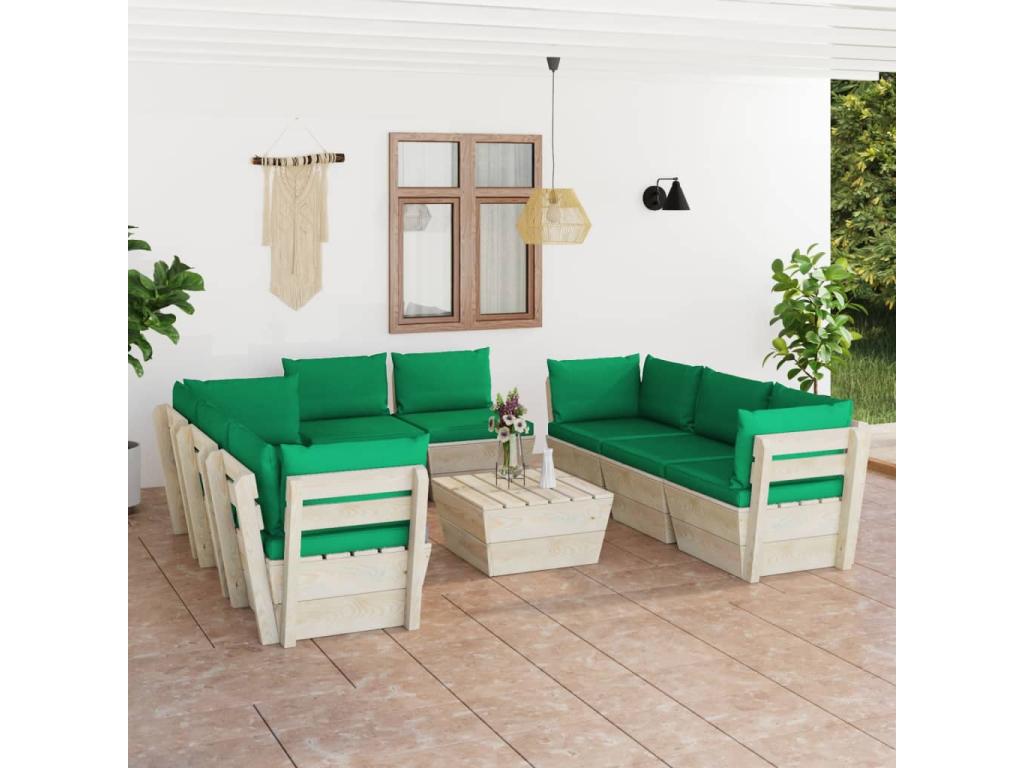 Salon de jardin palette 9 pièces avec coussins Épicéa imprégné 03357ZRNM