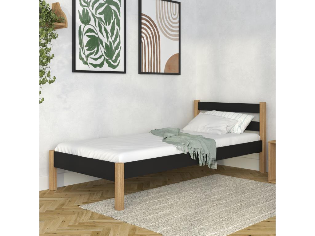Lit simple en bois N01 Noir / Chêne Naturel 100x190 46687HRRV