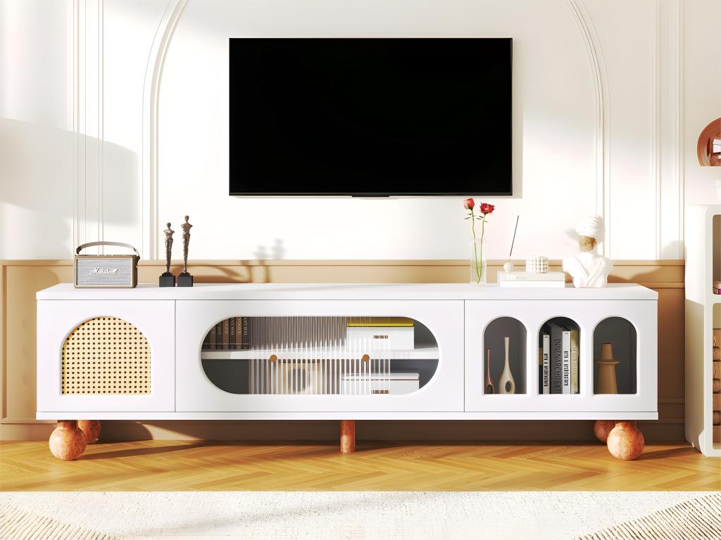 Meuble TV 170cm - 2 portes - 3 zones arquées ouvertes - Blanc 27836PMQN