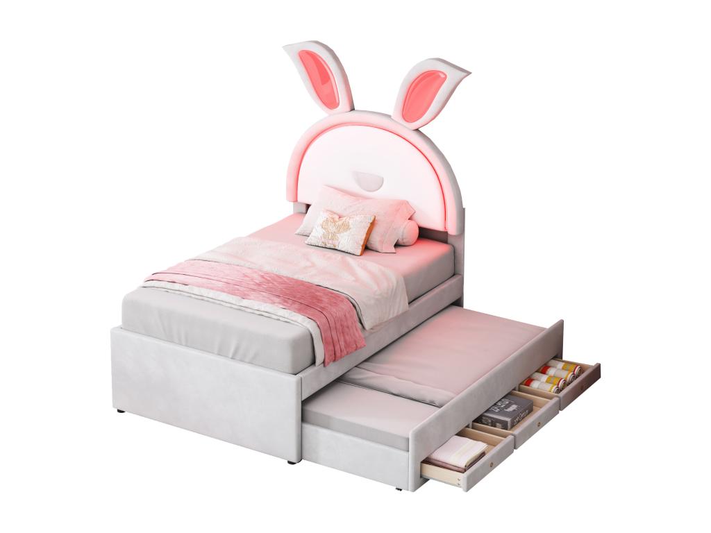 Lit simple enfant rembourré beige 90x200 cm tissu velours avec lit gigogne tiroir de rangement et LED à changement de couleur 99696XYOB