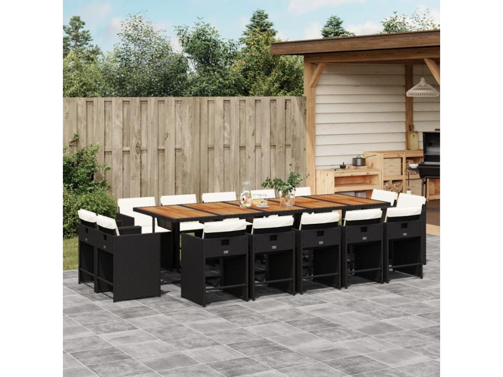 Ensemble à manger de jardin 15 pièces coussins noir résine tressée 93954WEGM