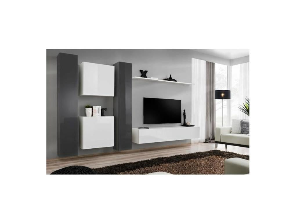 Ensemble meuble salon mural Nidchicshop design coloris blanc et gris brillant. 70956LYTY