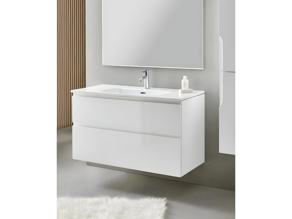 Meuble de salle de bain avec 2 tiroirs suspendus blanc avec plan moulé blanc miroir - Longueur 60 x Hauteur 56 x Profondeur 46 cm 13482GHNO