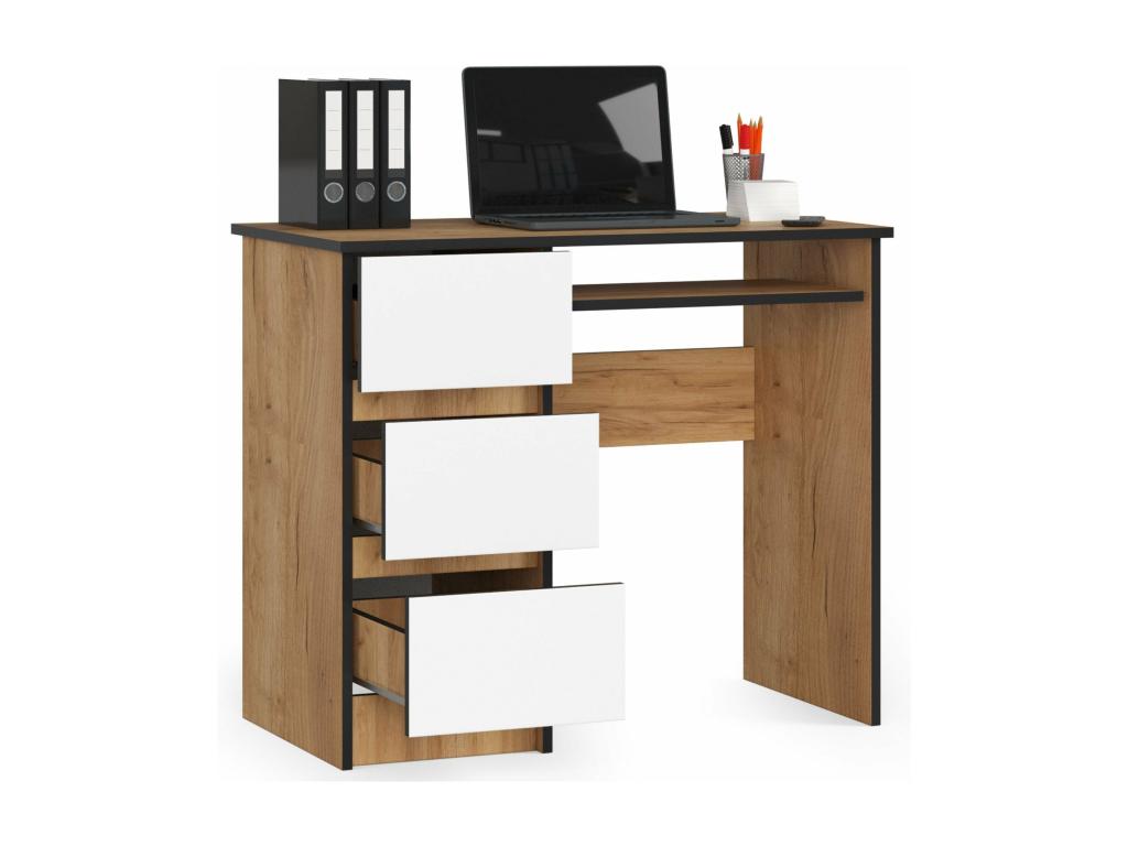 bureau Calmetop gauche marron bois mdf 3 tiroirs façade blanche 1 étagère 90x50x77 cm 57978YKCU