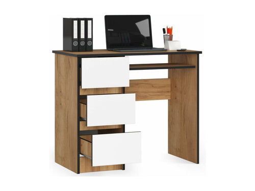 bureau Calmetop gauche marron bois mdf 3 tiroirs façade blanche 1 étagère 90x50x77 cm 57978YKCU