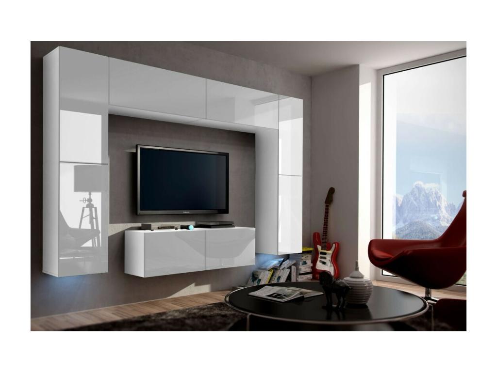 Ensemble de meubles de salon blanc suspendus collection Nidchicshop III 256cm 8 portes 8 étagères leds modulables. 30130SEYQ