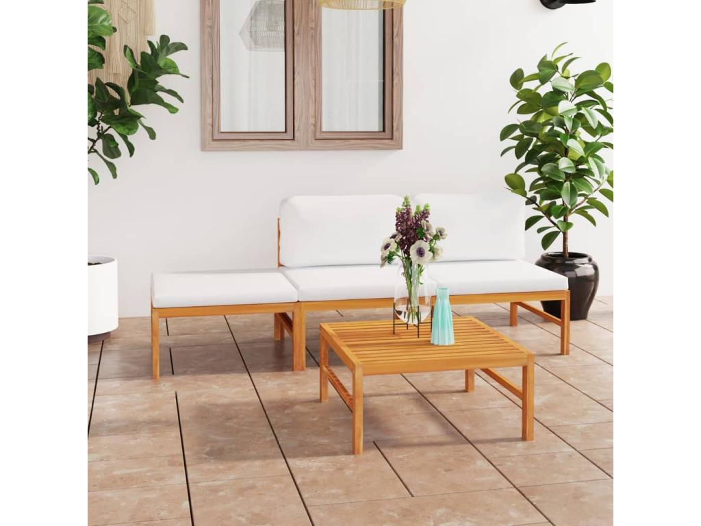 Salon de jardin 4 pièces avec coussins crème Bois de teck solide 39025ZZXI